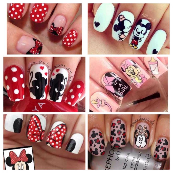 Красный маникюр с Микки Маусом