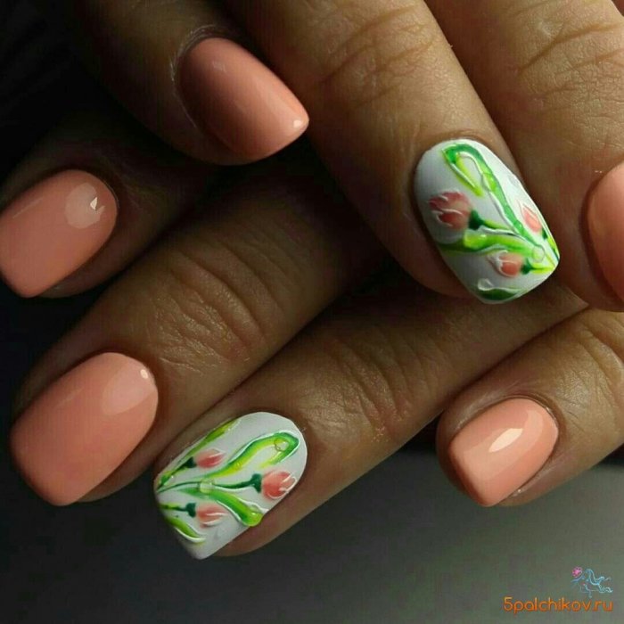 Маникюр хризантемы на ногтях