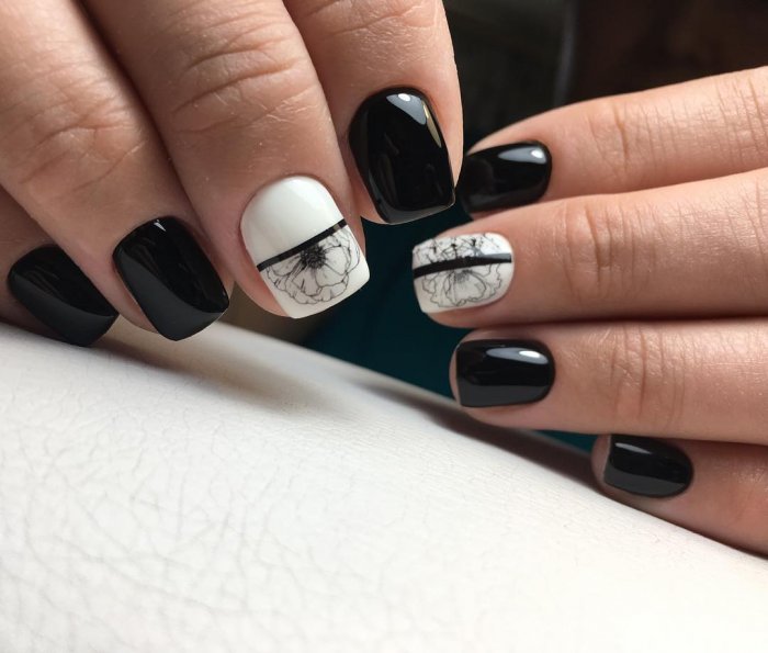 Маникюр шеллак черный с белым