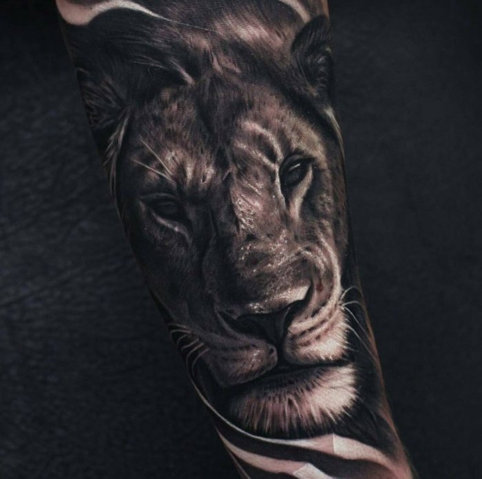 тату лев на руке