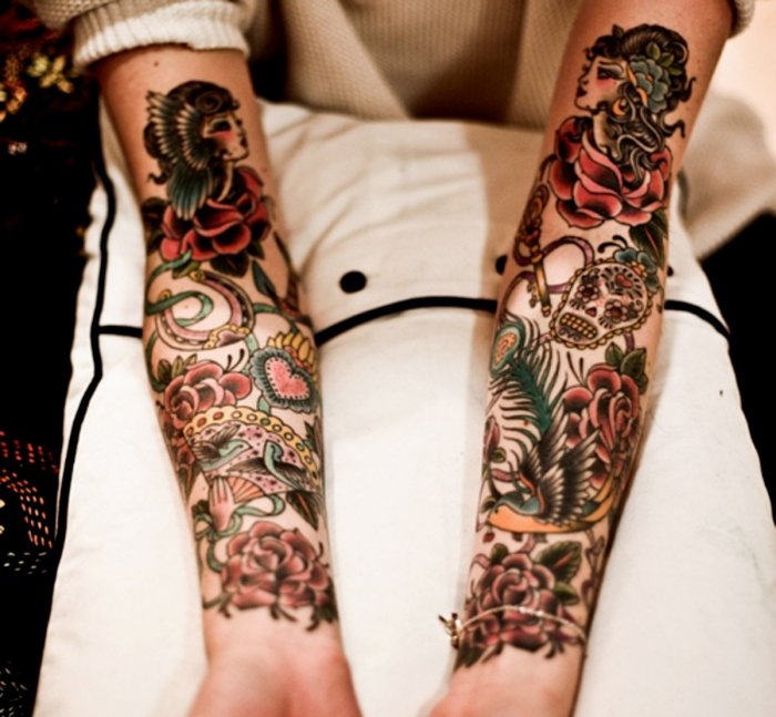 Олд скул тату рукав девушка