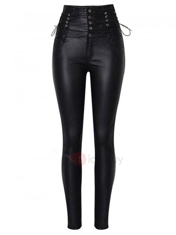 Кожаные штаны женские с высокой талией