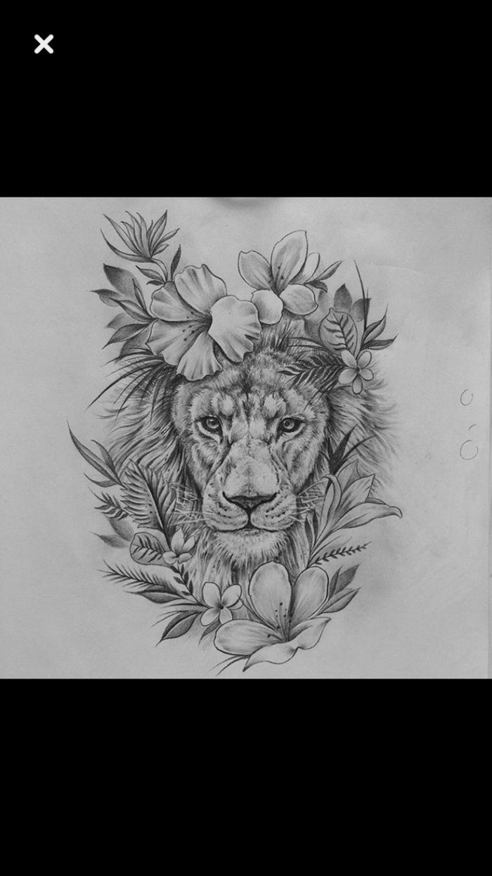 Тату Лев с цветами эскиз на бедро