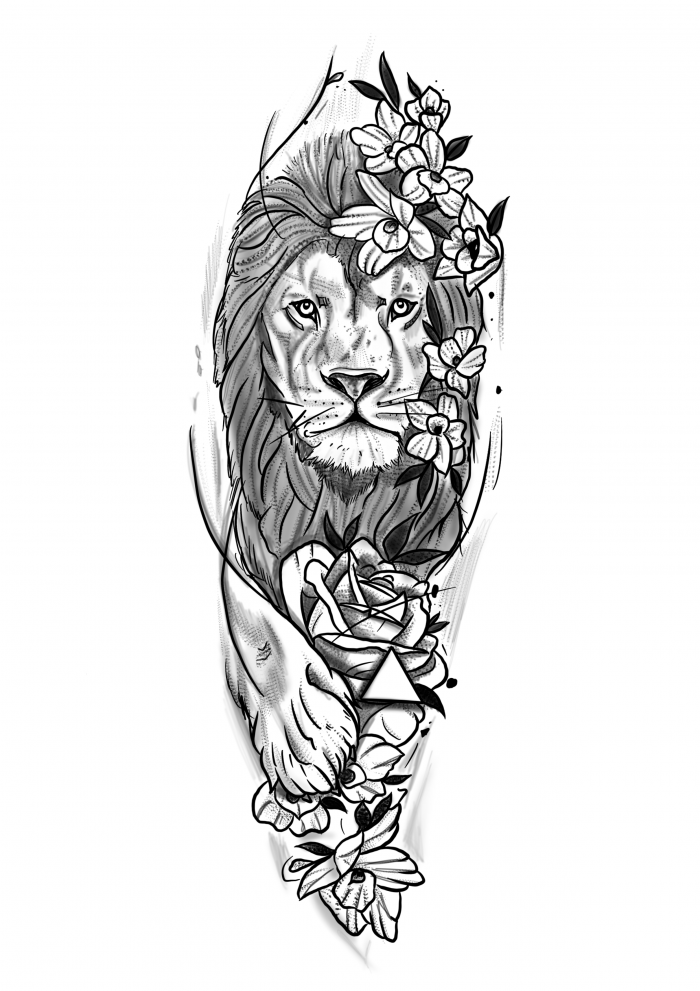 Тату Лев в цветах эскиз