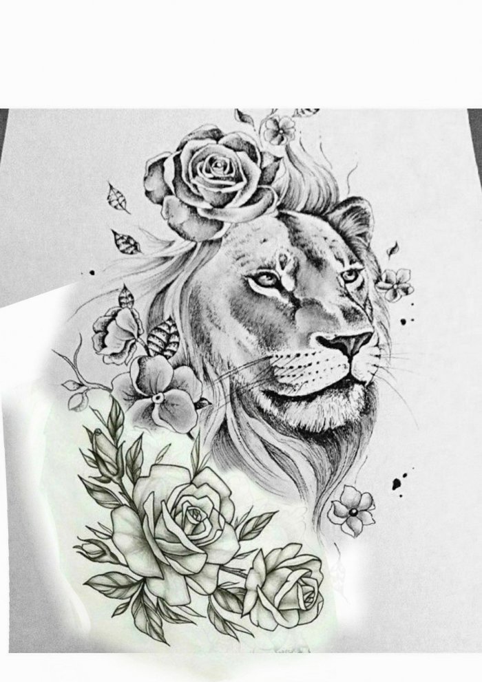 Эскиз тату львица с цветами