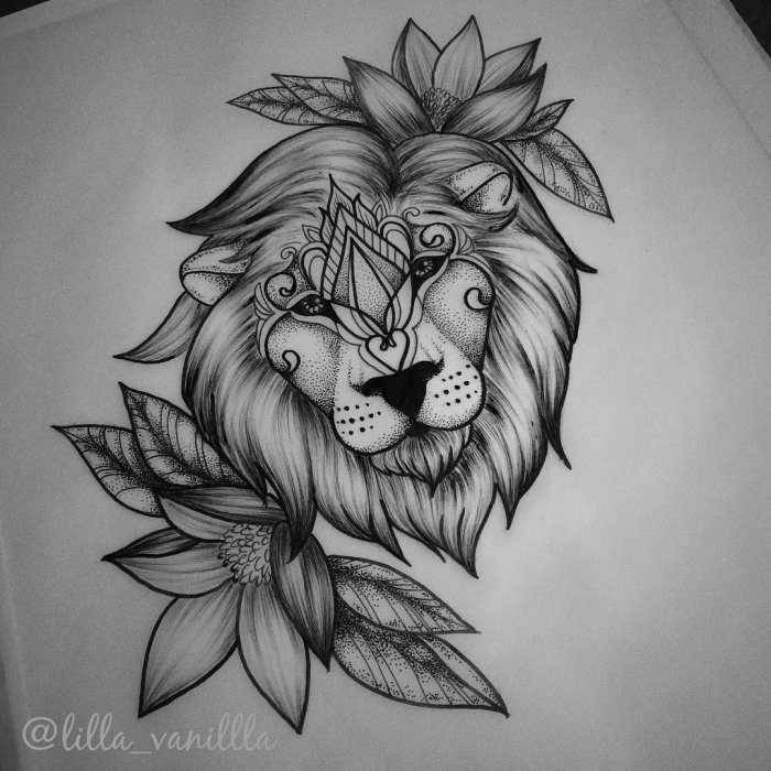 Тату Лев в цветах эскиз