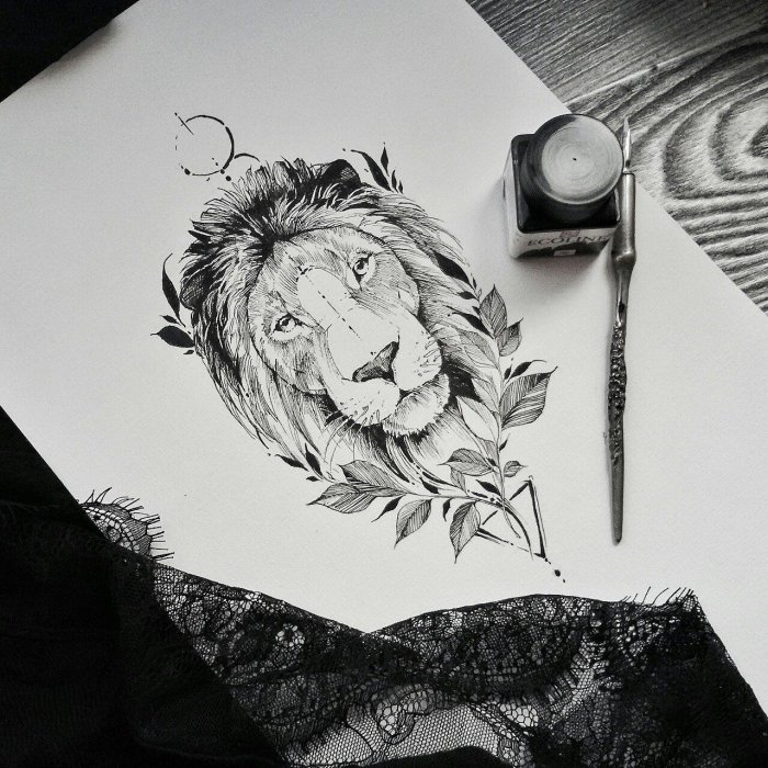 Тату Лев в стиле скетч