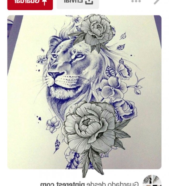 Тату Лев с цветами