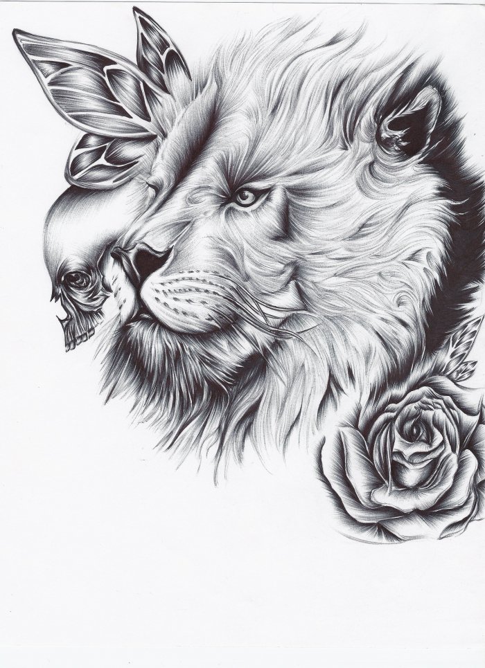 Тату львица с цветами