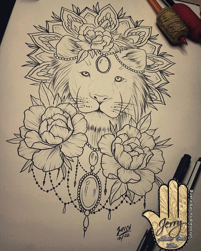 Тату Лев с цветами эскиз на бедро