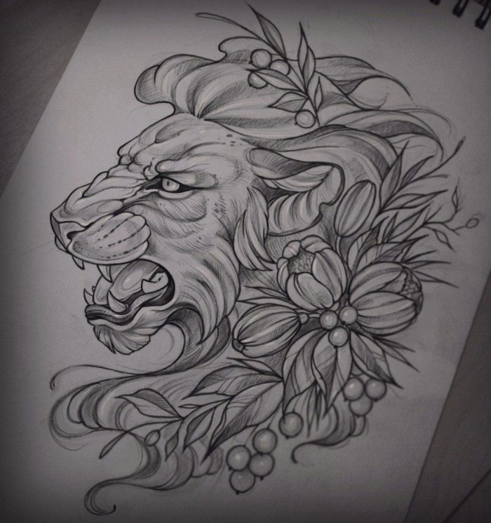 Лев в цветах акварель