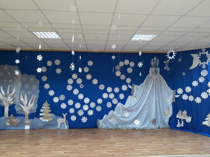 Зимнее украшение зала в детском саду