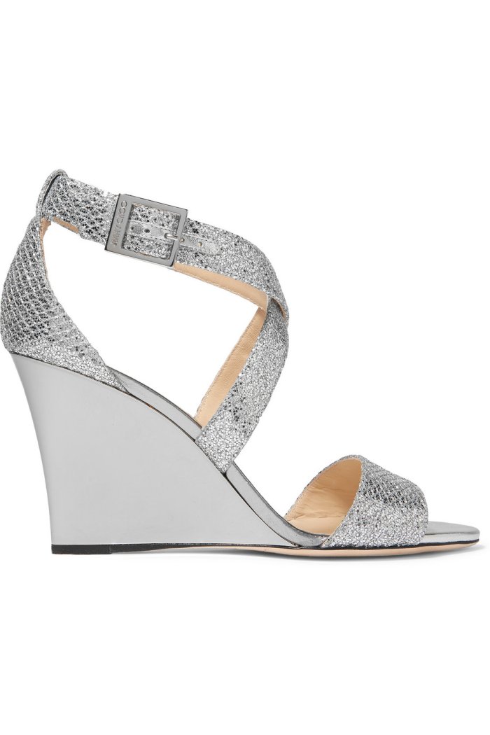 Серебряные босоножки на танкетке