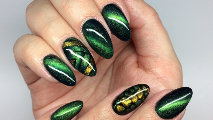 Кошачий глаз зеленый желтый маникюр