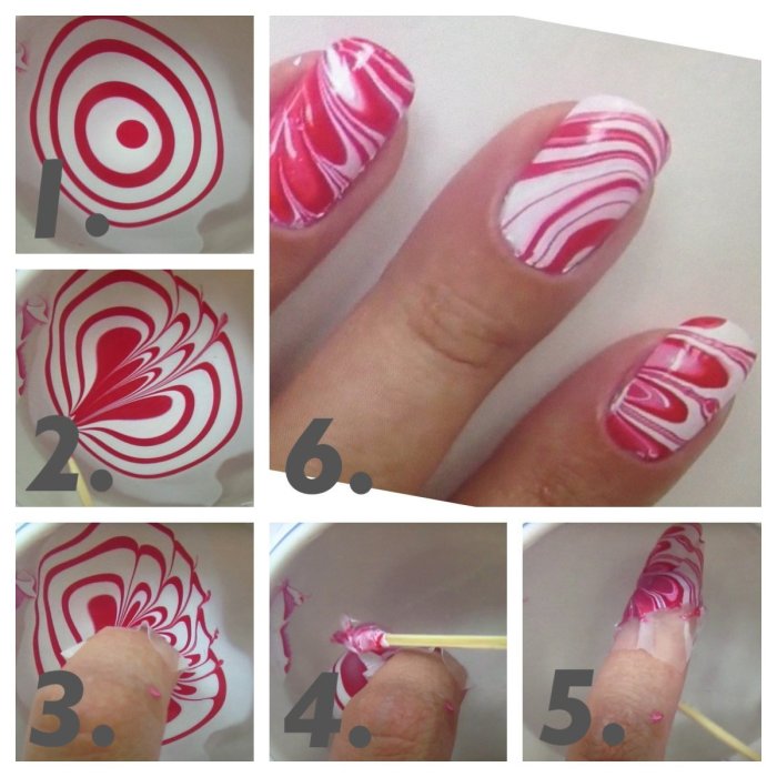 Красный маникюр с белыми разводами